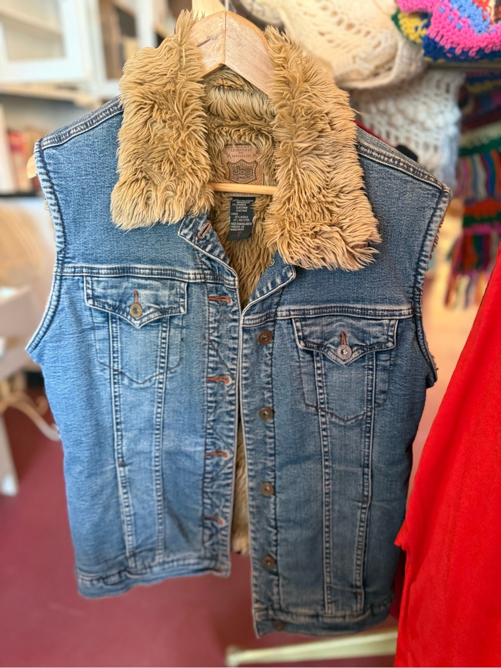 Jag Jeans Blue Denim Vest with Tan Faux Fur Collar